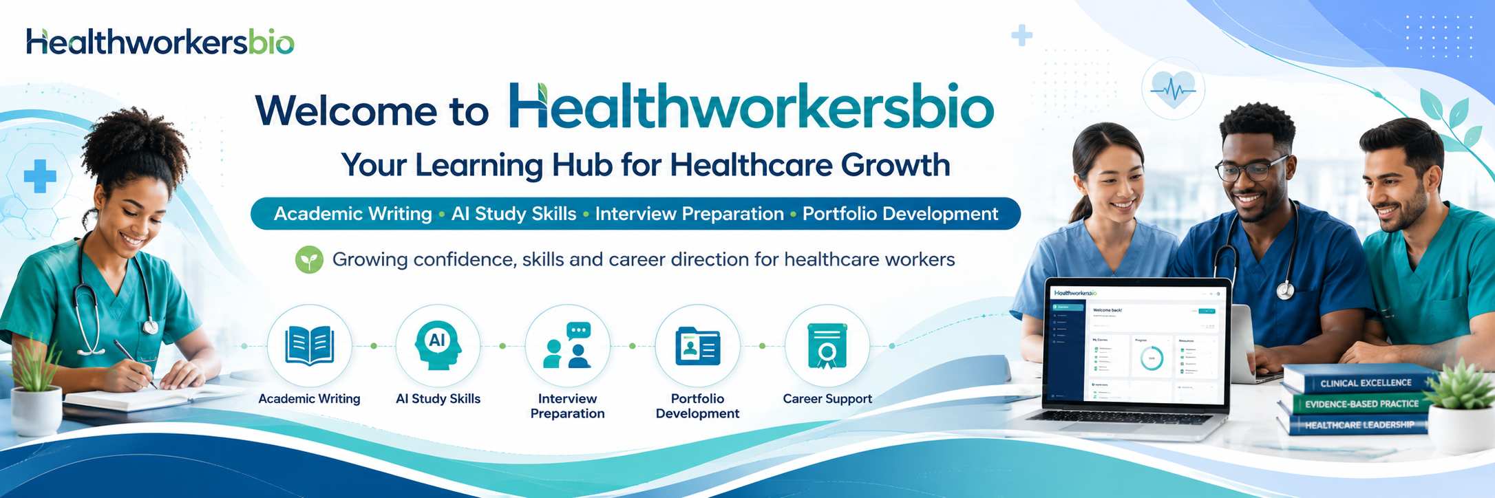 Hero Banner image with healthcare professionals displaying healthworkersbio and the services.
